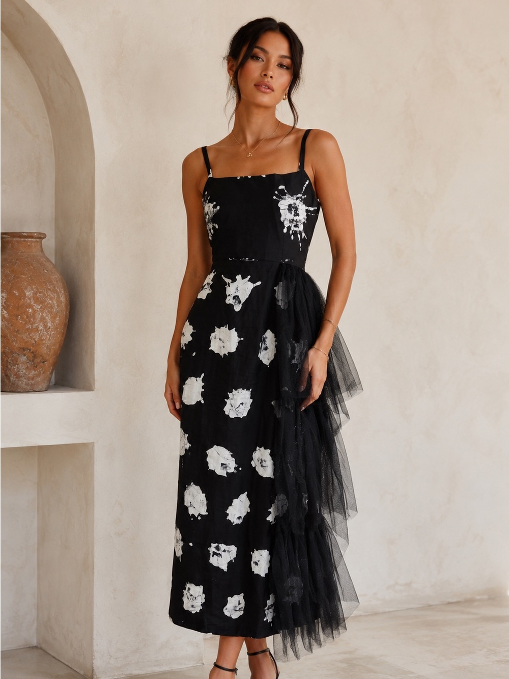 BUSAYO Black & White Abstract Print Midi Dress Tulle Ruffle Side Size S - Picture 1 of 11